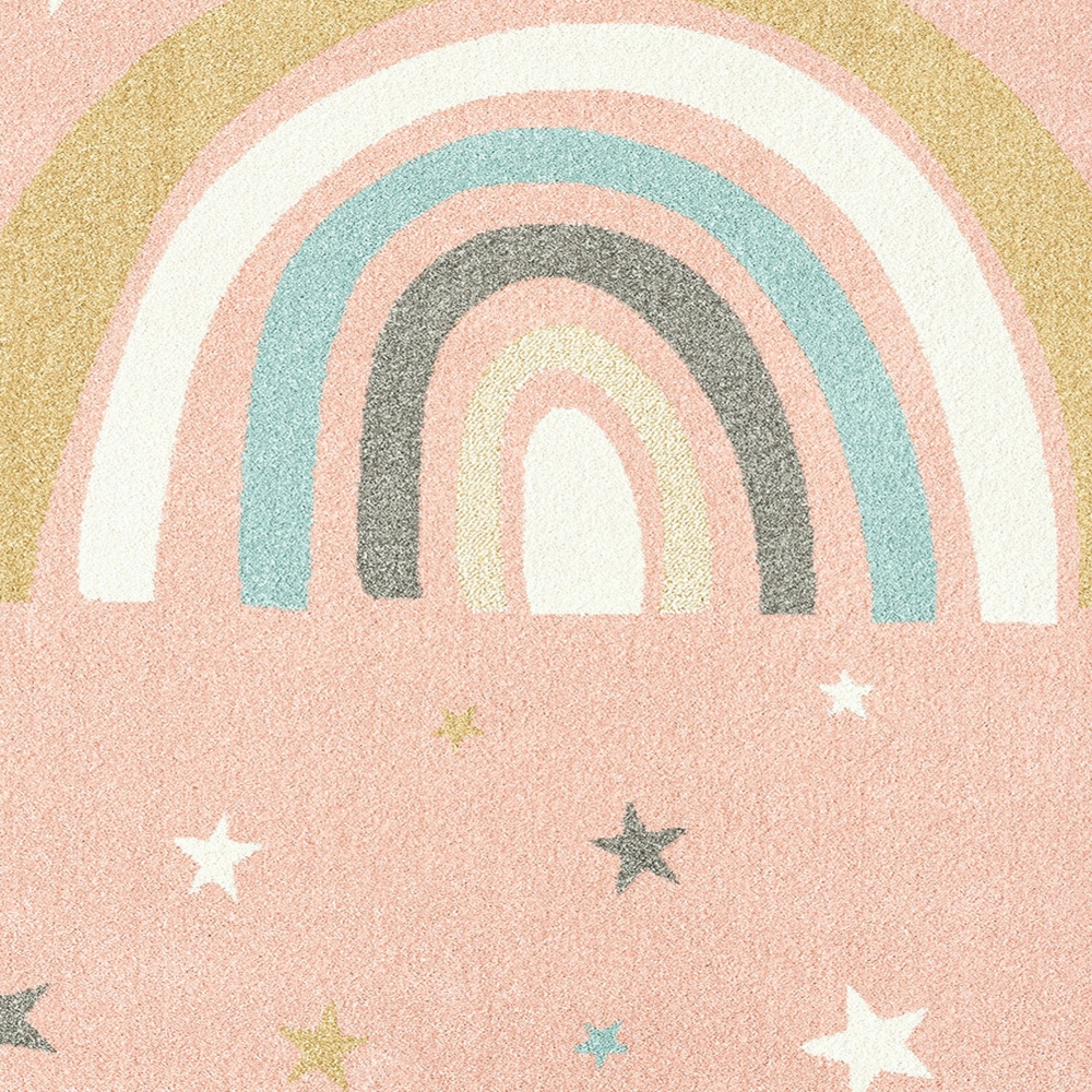 Magischer Kinderzimmerteppich mit Regenbogen und Sternen in rosa und weiß blau gelb