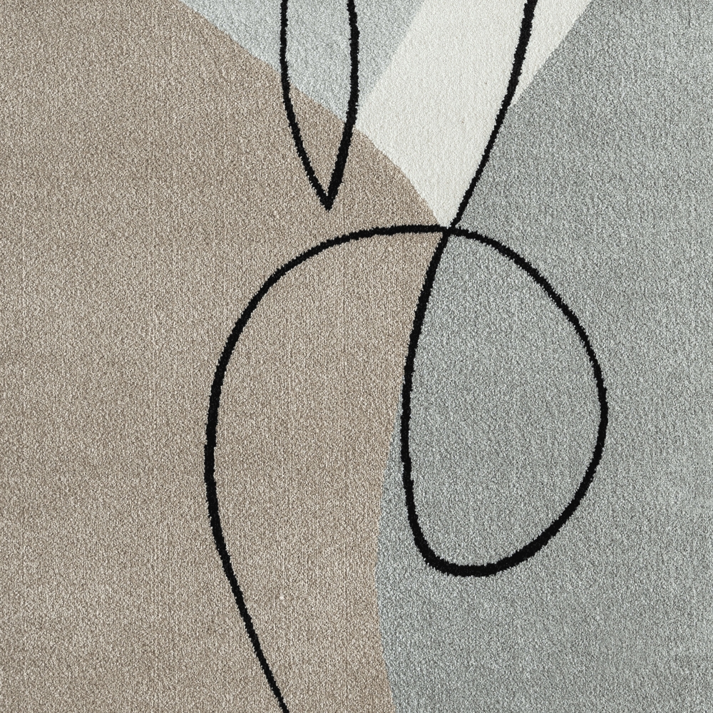 Moderne Eleganz: Designer-Teppich in Pastell-Grau, Braun und Weiß mit Abstrakter Silhouette in Schwarz