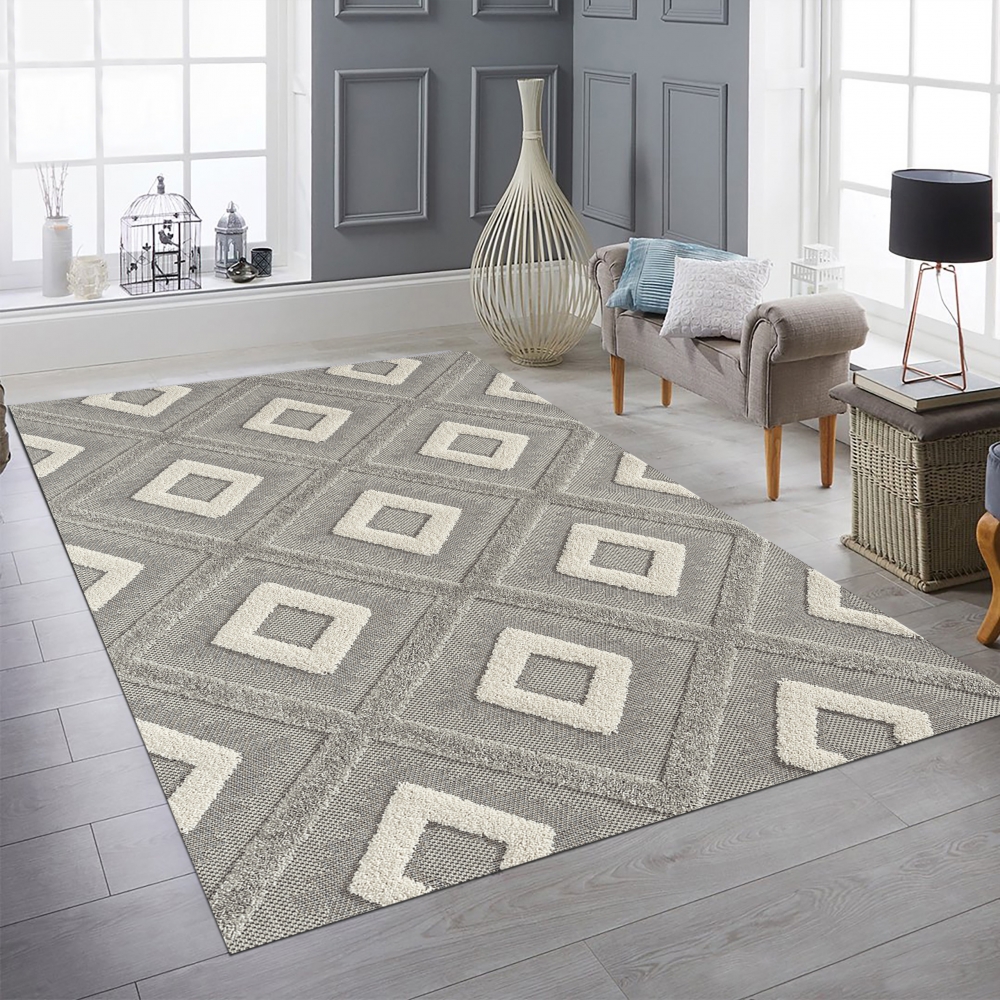 Moderner Teppich für Wohnzimmer und Flur in Grau und Beige mit Rautenmuster und Hoch-Tief-Effekt
