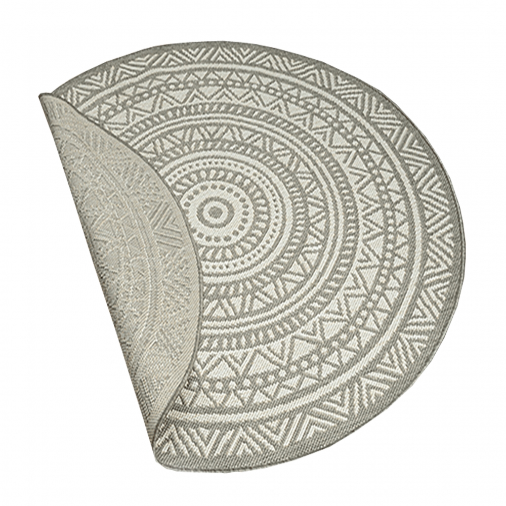 Runder Indoor- & Outdoorteppich im Mandala-Design – Grau und Creme, vielseitig einsetzbar