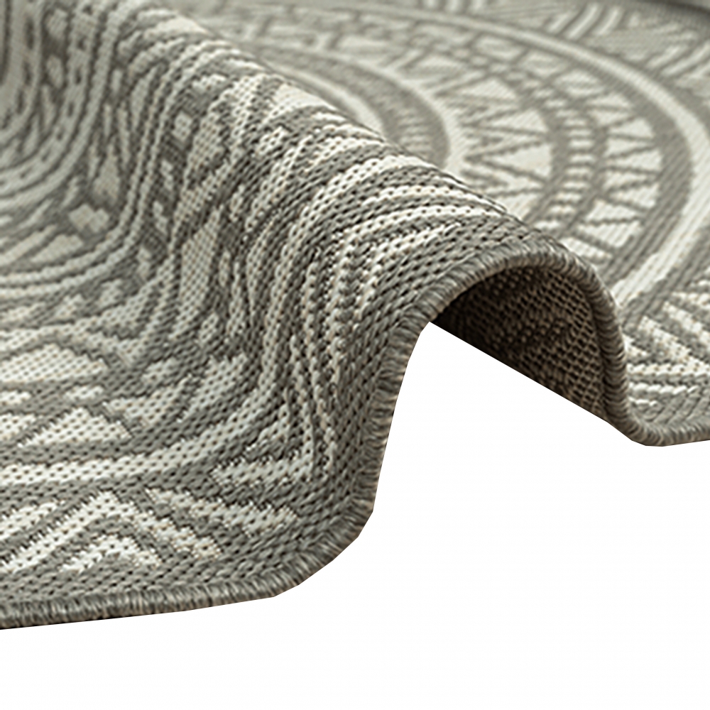 Runder Indoor- & Outdoorteppich im Mandala-Design – Grau und Creme, vielseitig einsetzbar