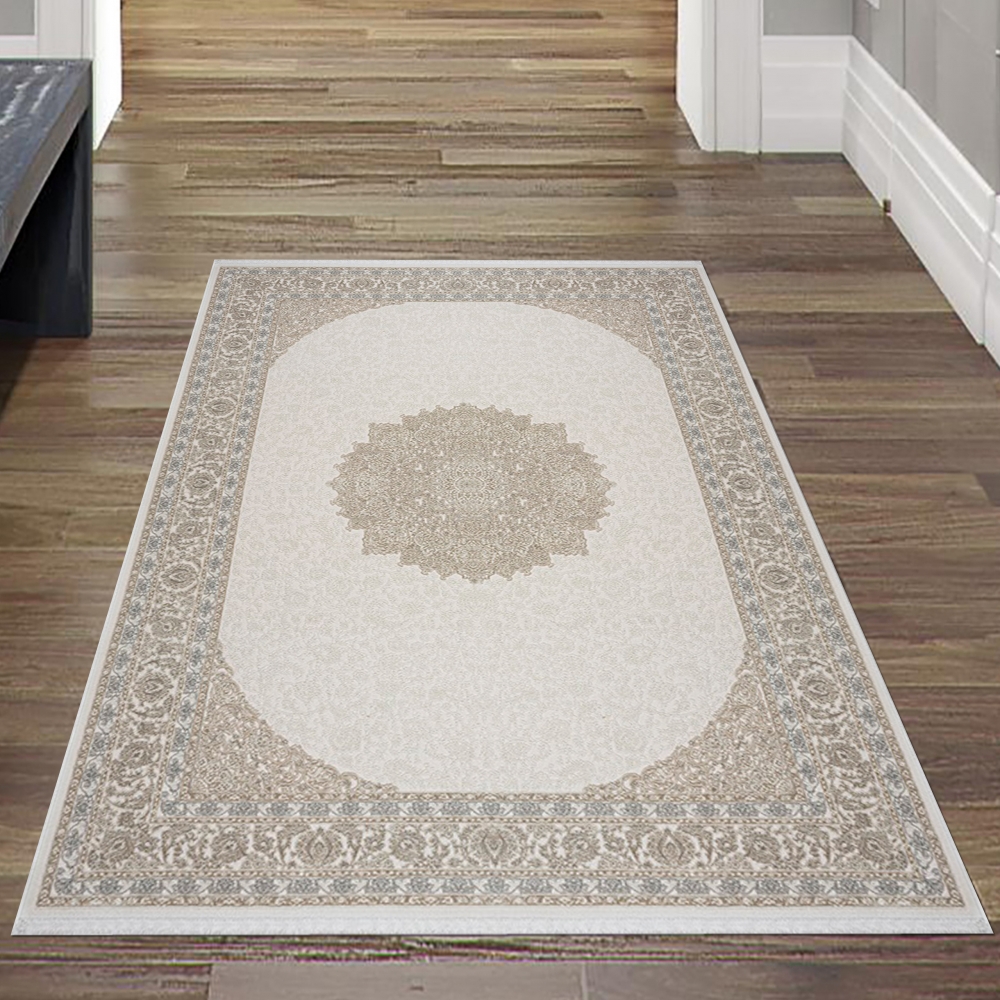 Zeitloser Teppich Schlafzimmer mit traditionellem Design in Beige Creme