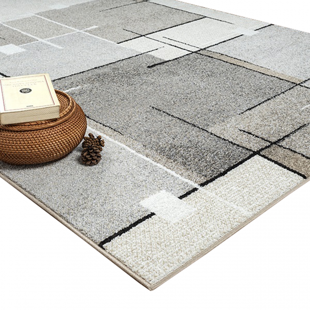 Moderner Teppich mit geometrischem Muster – Beige, Grau & Schwarz – Weich & pflegeleicht