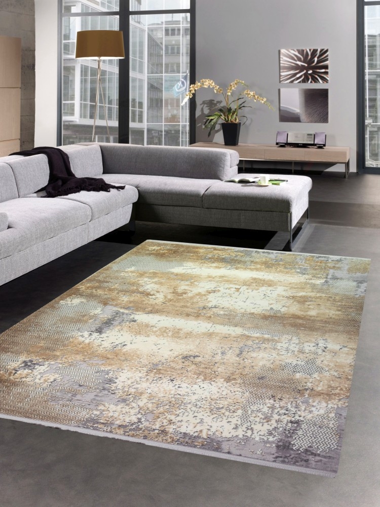 Wollteppich Luxus abstrakt aus Naturfasern in beige grau creme