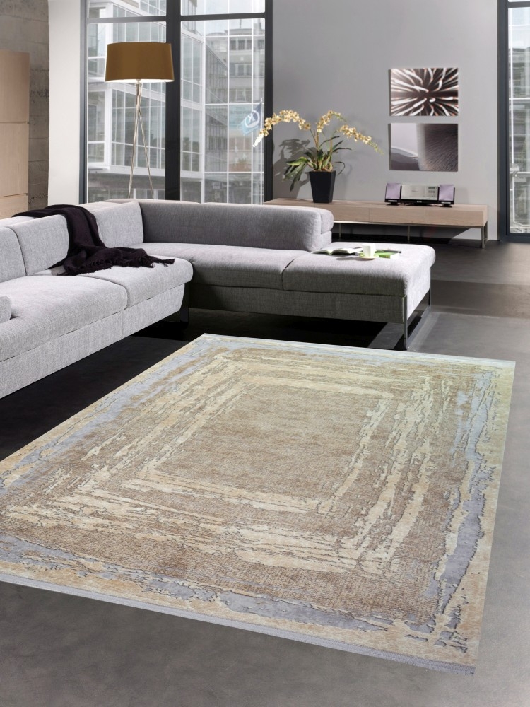 Wollteppich Luxus Designerteppich Teppich abstrakt mit Naturfasern beige grau