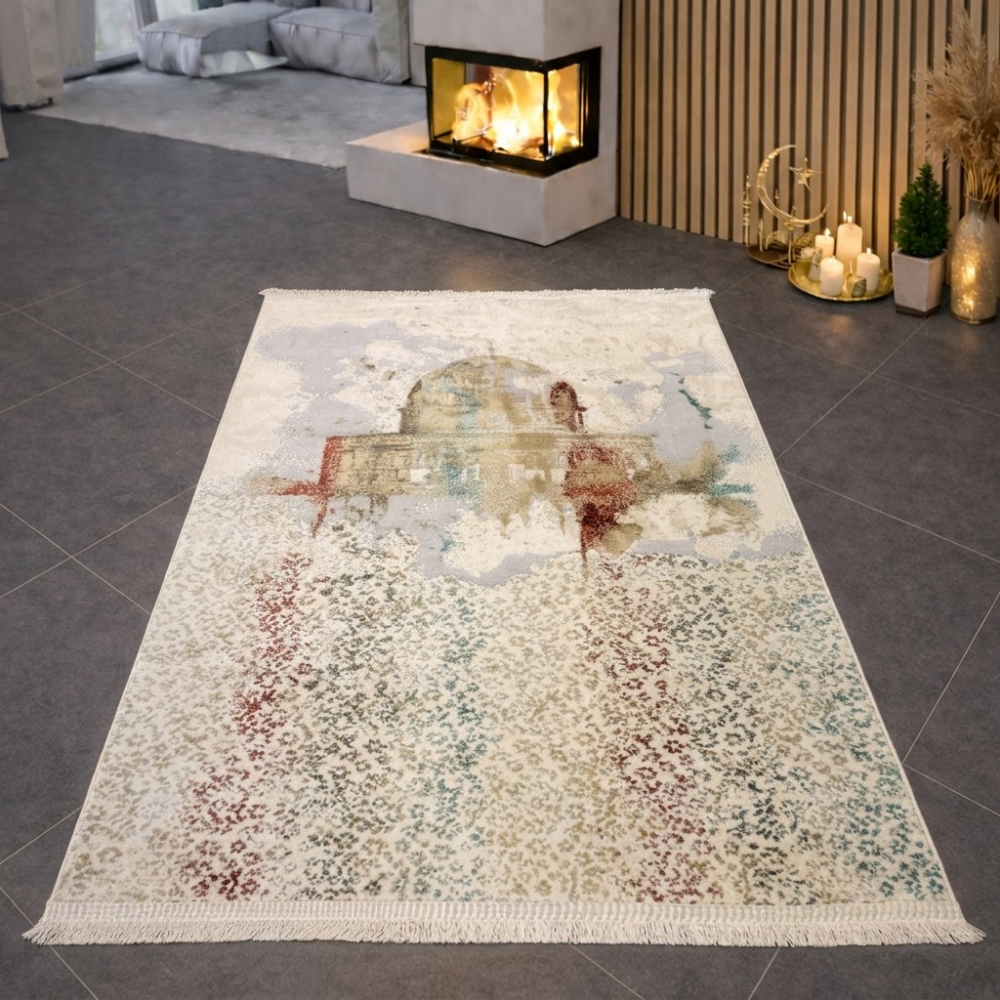 Gebetsteppich mit Moschee-Motiv in heller Naturfarbgebung