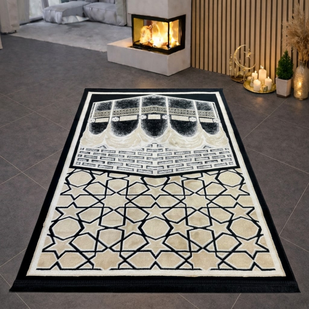 Moderner Gebetsteppich mit Kaaba-Motiv und geometrischem Design