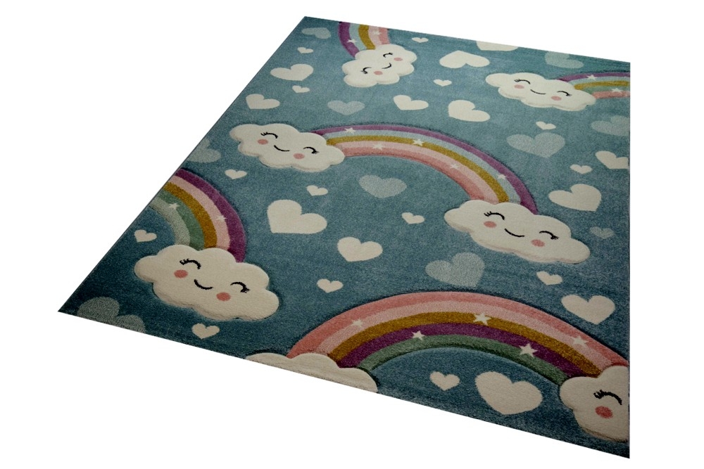 Kinderteppich Kinderzimmerteppich Babyteppich Regenbogen und Wolken blau