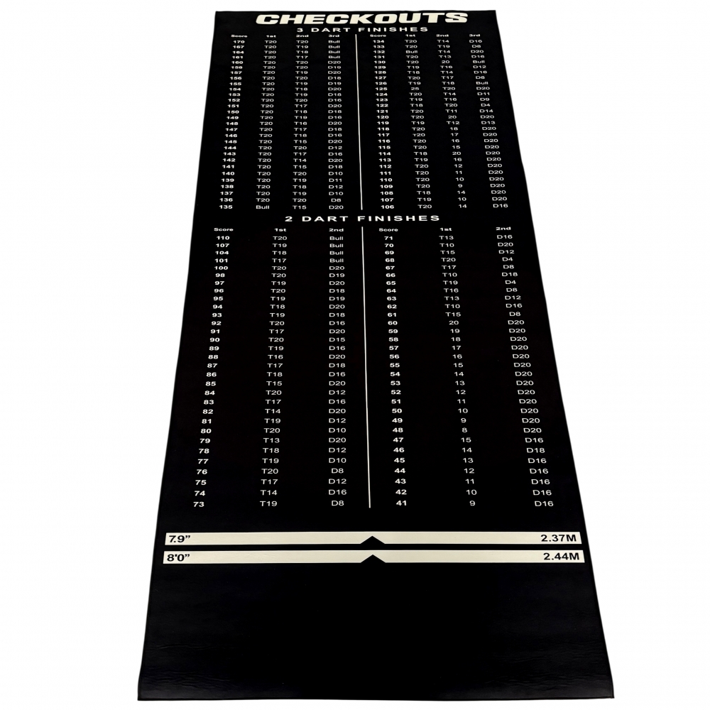 Schwarze Dartmatte mit weiß grauen Abwurflinien