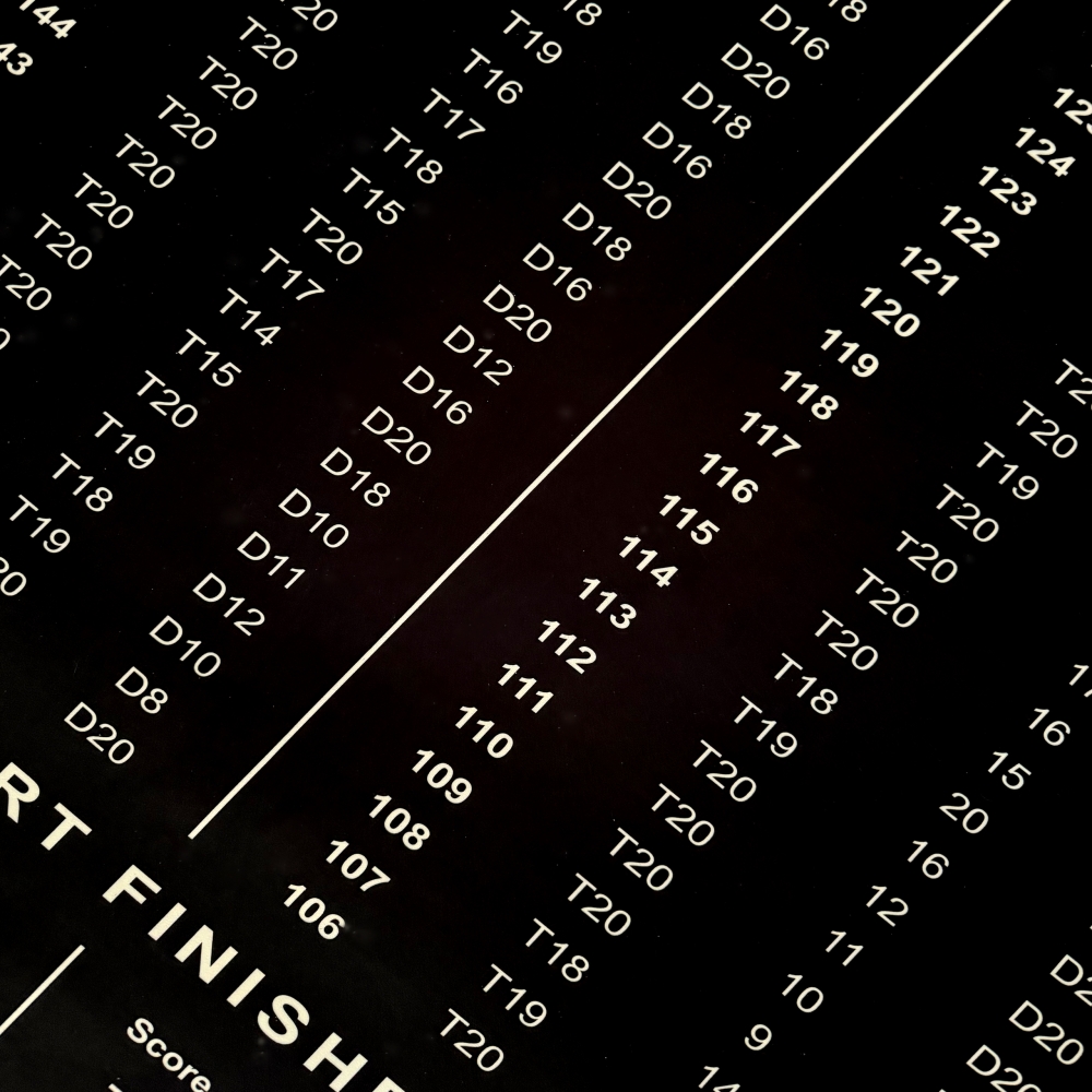 Schwarze Dartmatte mit weiß grauen Abwurflinien