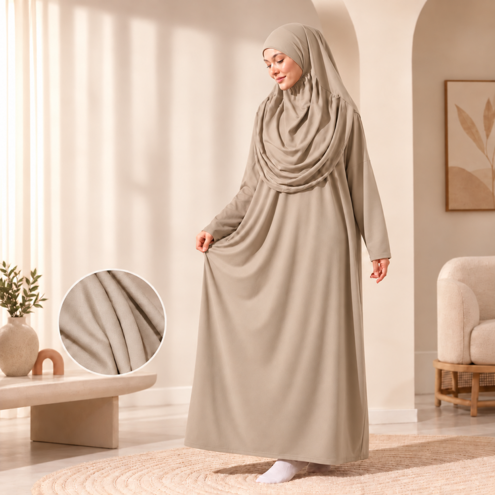 Beige Gebetsbekleidung mit Fledermausärmeln und passendem Stoffbeutel