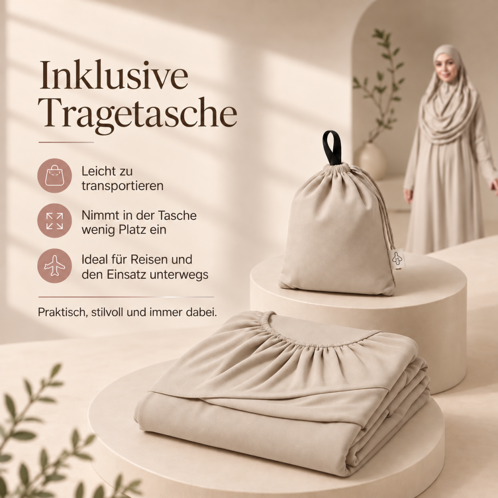 Beige Gebetsbekleidung mit Fledermausärmeln und passendem Stoffbeutel