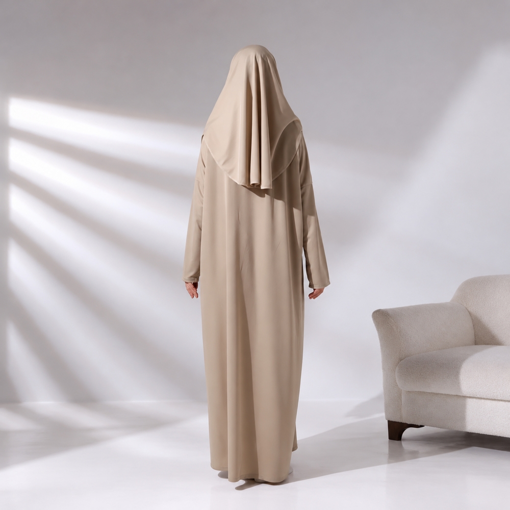 Beige Gebetsbekleidung mit Fledermausärmeln und passendem Stoffbeutel