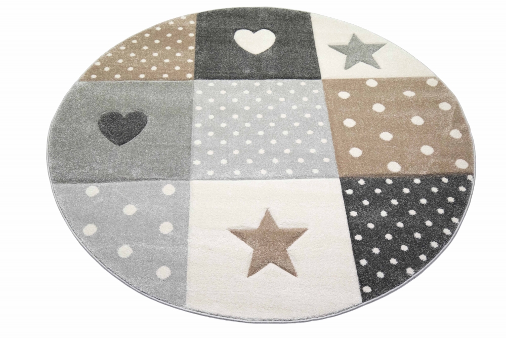 Kinderteppich Kinderzimmer Spiel Teppich Punkte Herz Stern Design braun beige grau
