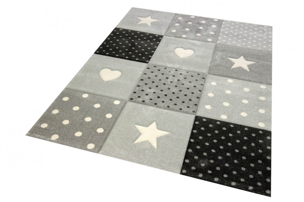 Kinderteppich Kinderzimmer Spiel Teppich Punkte Herz Stern Design creme schwarz grau