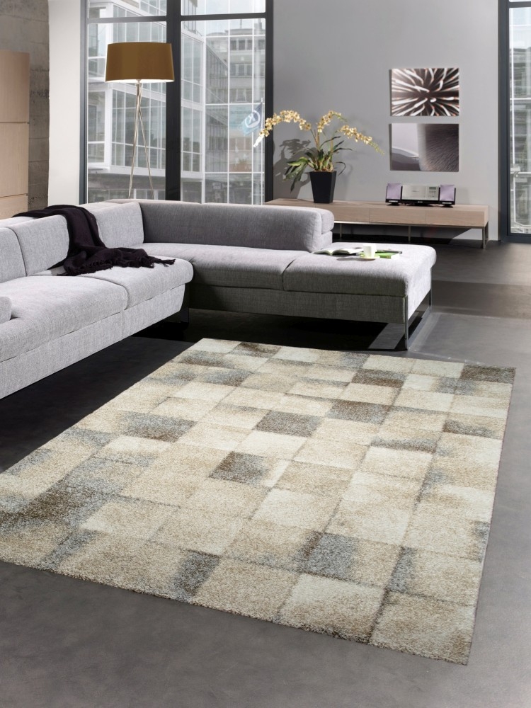 Designer Teppich Moderner Teppich Wohnzimmer Teppich Kurzflor Teppich Karo Design braun beige