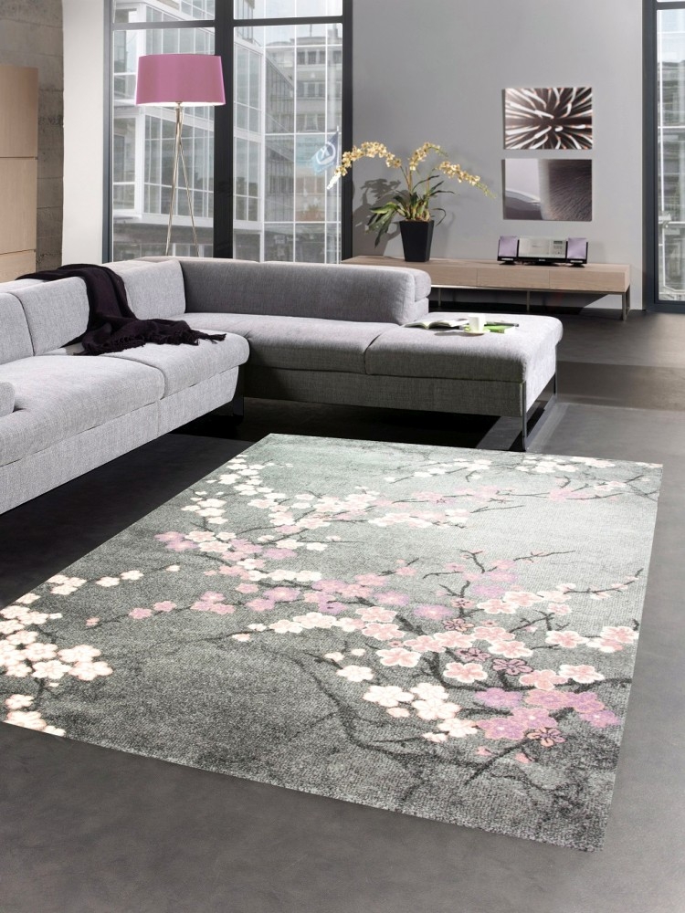 Teppich modern Wohnzimmerteppich Blumen rosa grau