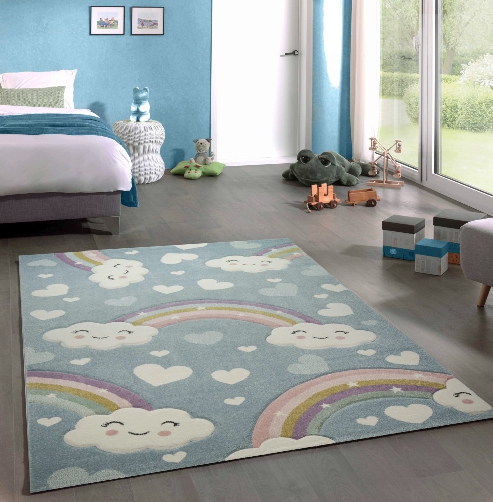 Kinderteppich Kinderzimmerteppich Babyteppich Regenbogen und Wolken blau