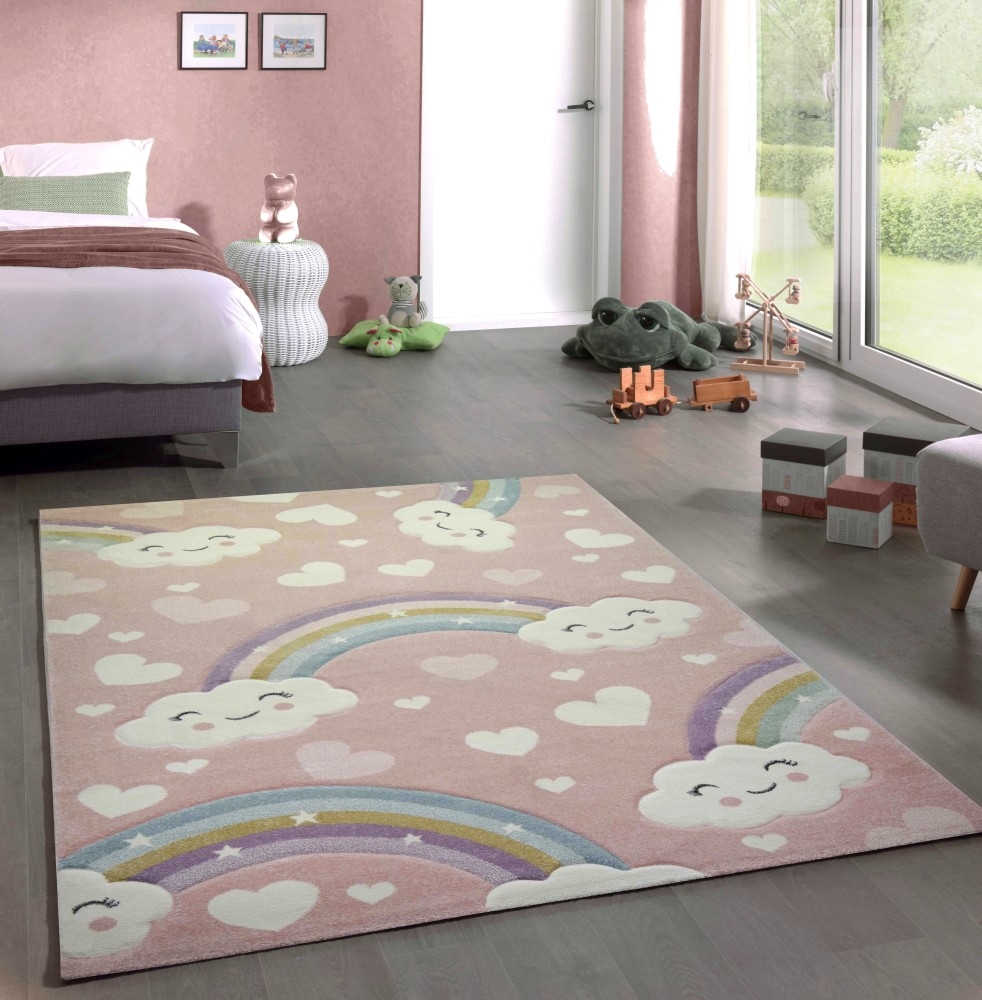 Kinderteppich Kinderzimmerteppich Babyteppich Regenbogen und Wolken rosa