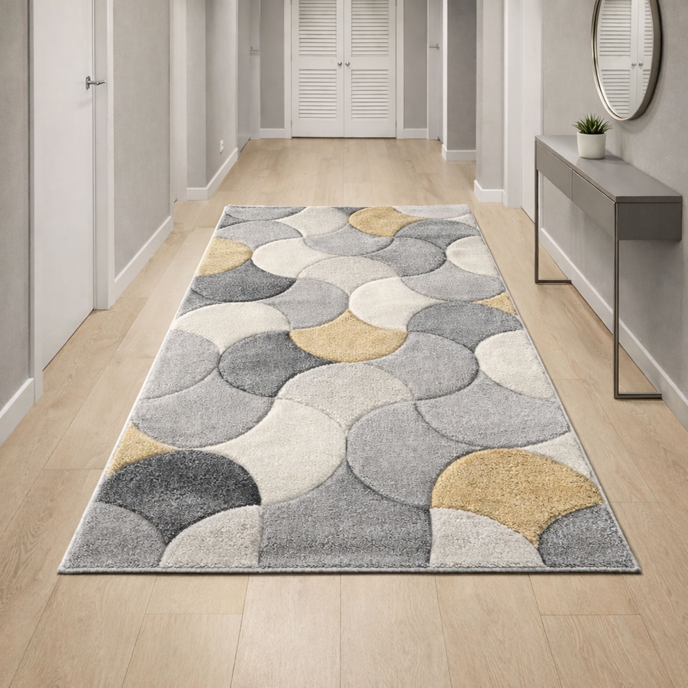 Designer Teppichläufer grau gelb creme mit Konturstruktur