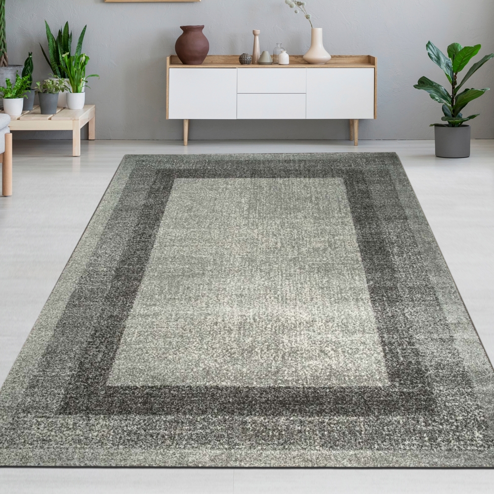 Wohnzimmerteppich Designer Teppich modern kurzflor vintage seitlich gekettelt in grau creme