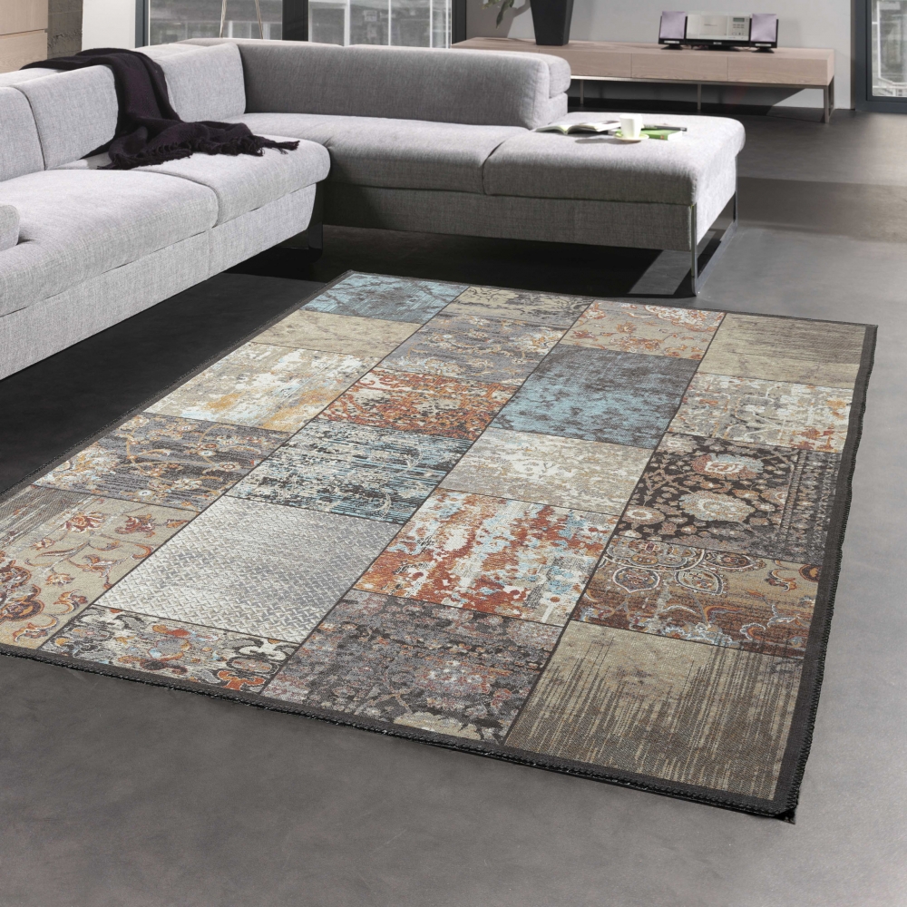 Eleganter Teppich mit Quadraten modern orientalisch gemustert bunt braun grau orange