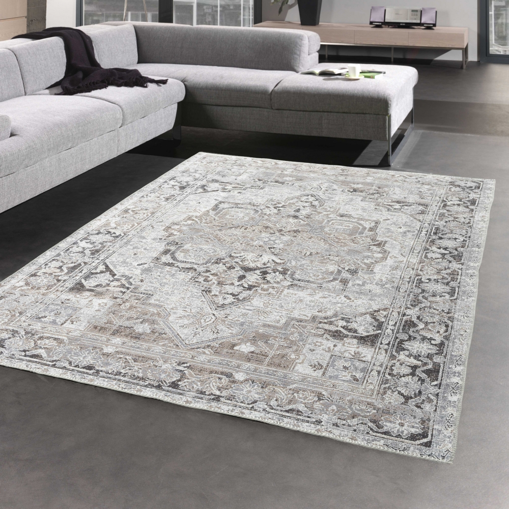 Orientalischer Teppich mit klassisch orientalischen Verzierungen & Ornamenten in grau creme