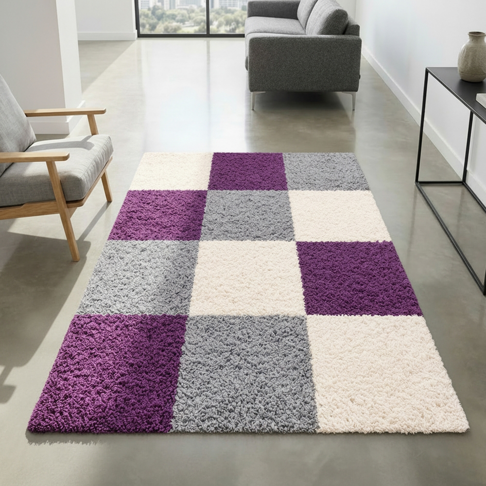 Shaggy Teppich Hochflor - Karo Design Violett Grau Creme