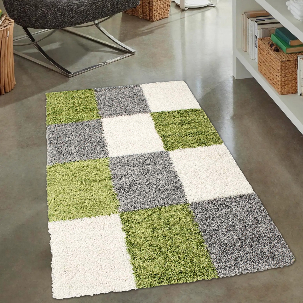 Hochflor Shaggy Teppich Karomuster türkis grau creme