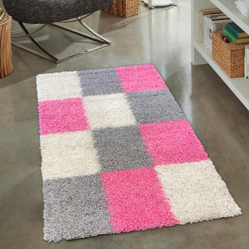 Hochflor Shaggy Teppich Karomuster rosa grau creme