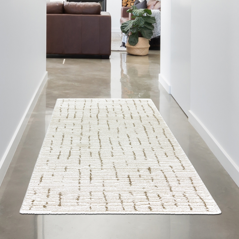 Wohnzimmerteppich Schlafzimmer weich schadstofffrei cremefarben mit beige/braunem Strichmuster