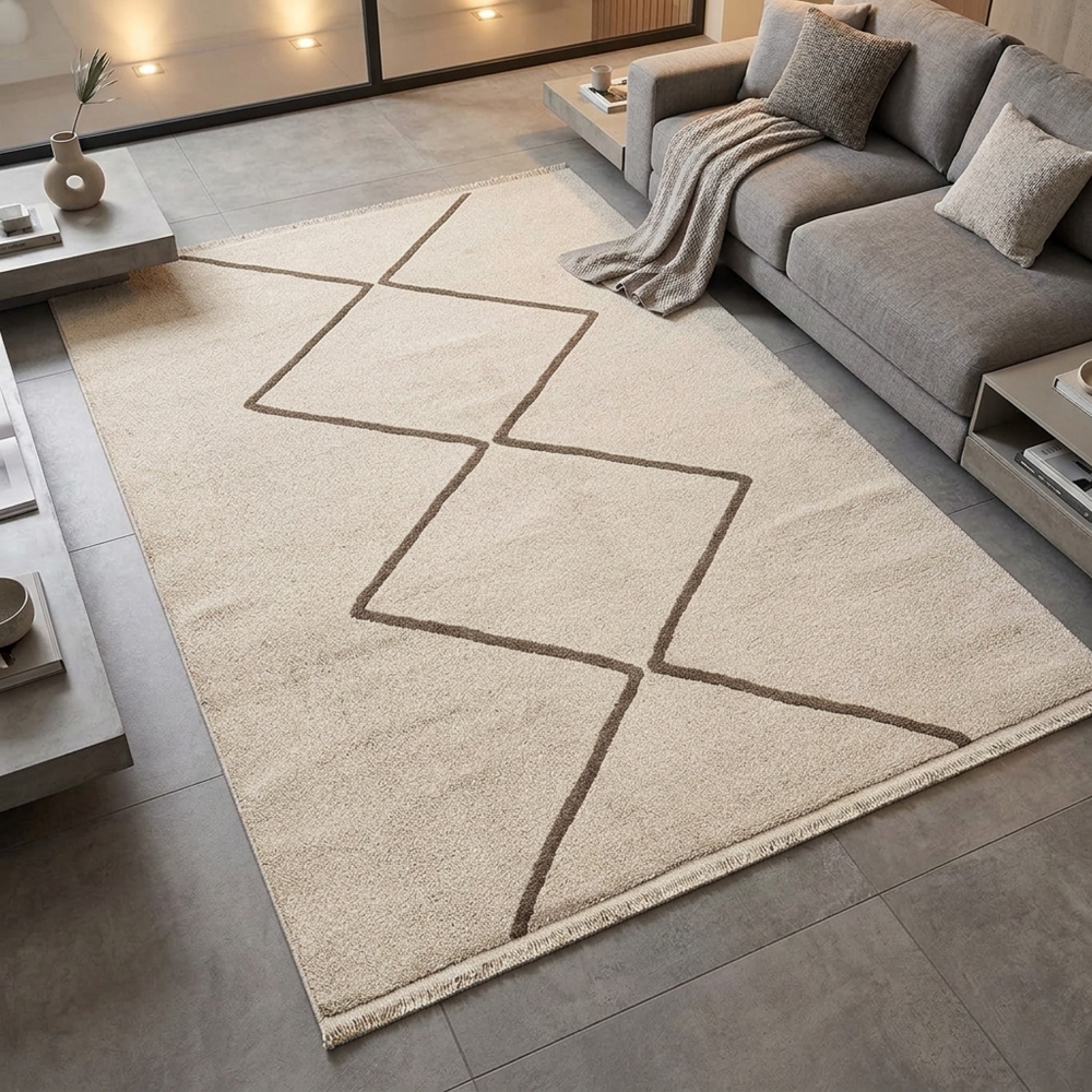 Moderner Kurzflor Teppich Creme Braun mit grafischem Rautendesign