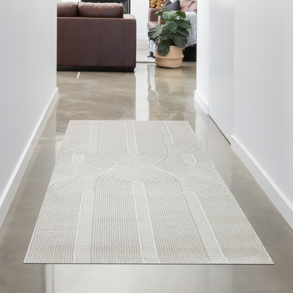 Wohnzimmerteppich Schlafzimmerteppich Recycle mit modernen ovalen Formen liniert in beige