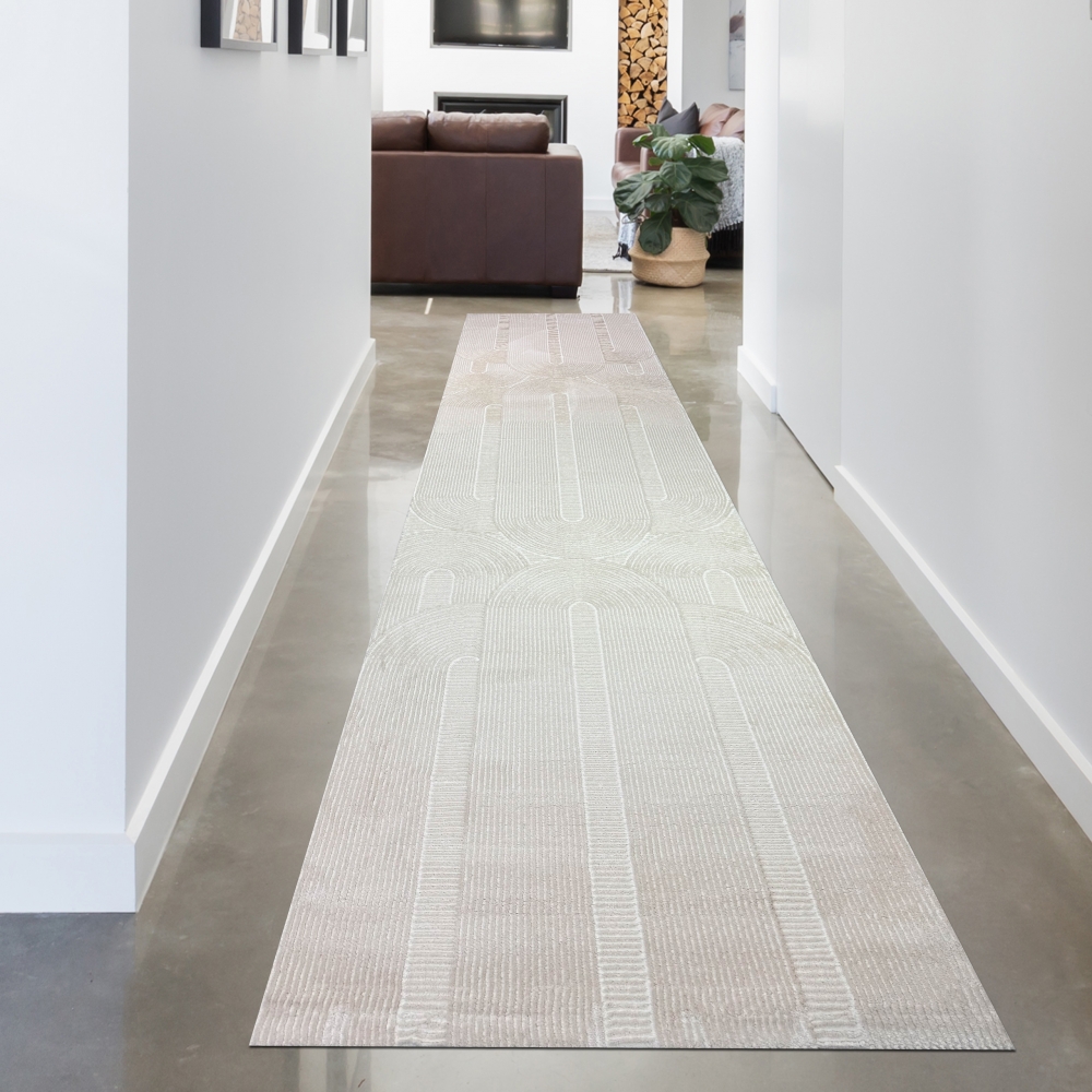 Wohnzimmerteppich Schlafzimmerteppich Recycle mit modernen ovalen Formen liniert in beige