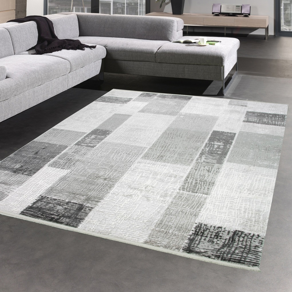 Designer Wohnzimmerteppich Wolle in Grau Creme