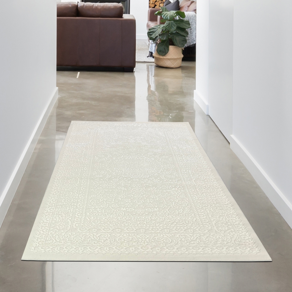 Eleganter recycel Teppich mit Ornamentmuster stilvolle Hoch-Tief-Struktur pflegeleicht Creme
