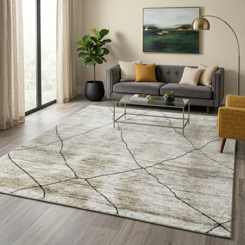 Design Teppich Beige Linienmuster elegant modern Wohnbereich stilvoll