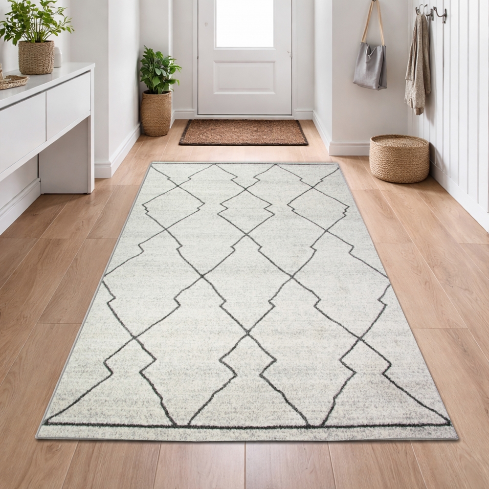 Design Teppich Creme Grau Rauten modern elegant Wohnbereich stilvoll