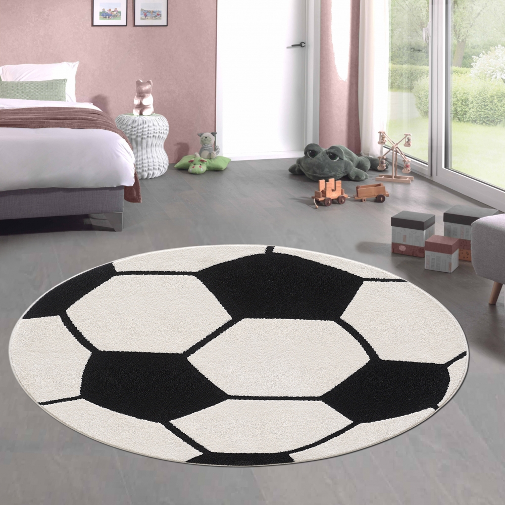 Runder Fußball-Teppich Weich, Strapazierfähig & Perfekt für Kinderzimmer & Spielzimmer in schwarz weiß