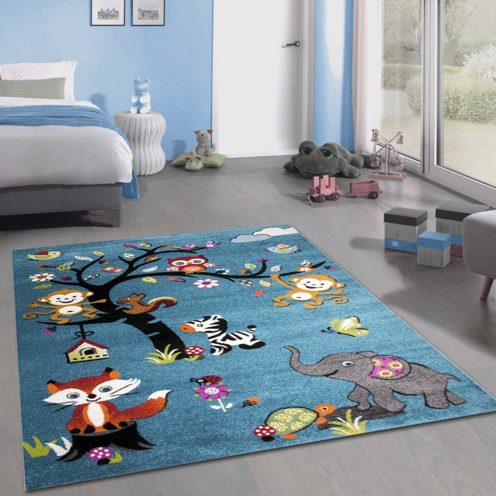 Teppich mit vielen Tiermotiven | in blau | Kinderfreundlich