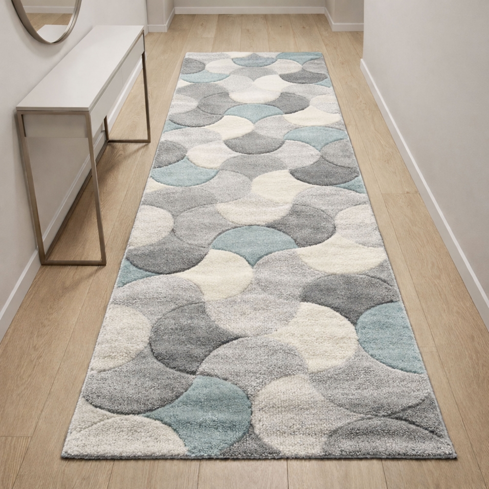 Designer Teppichläufer grau grün creme mit Konturstruktur