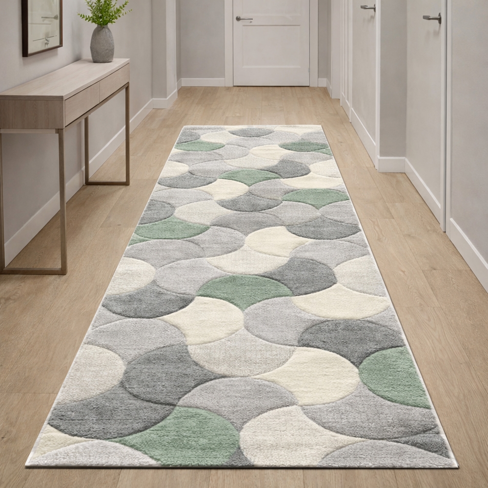 Designer Teppichläufer grau grün creme mit Konturstruktur