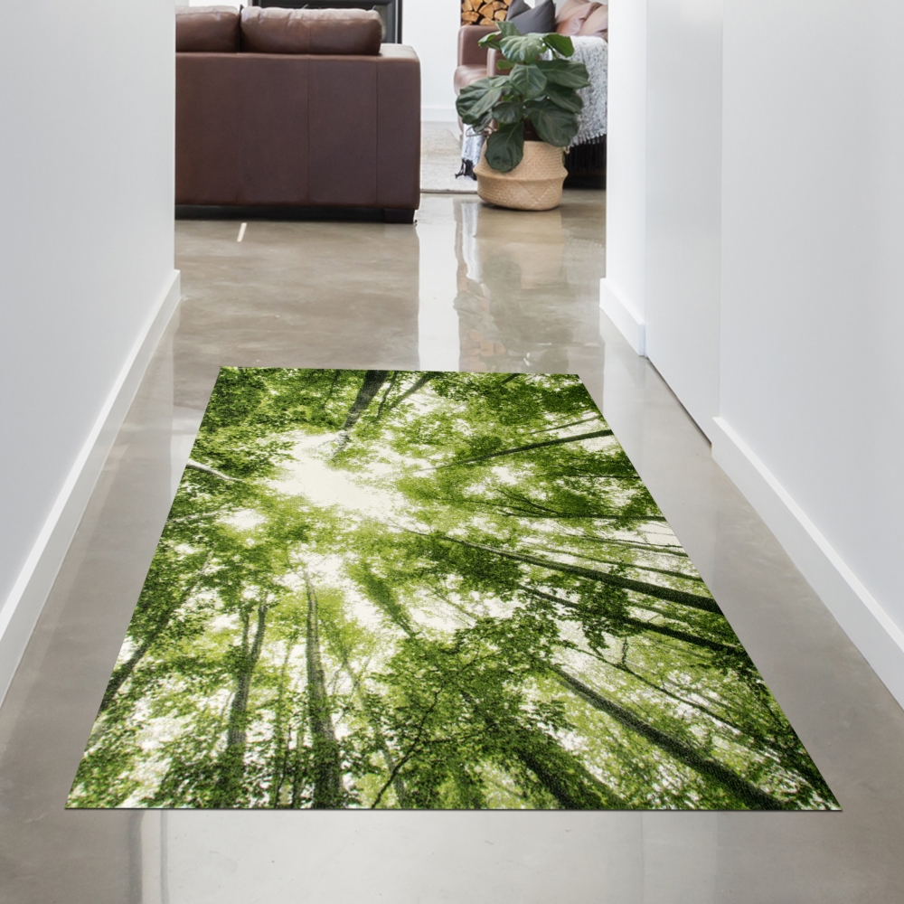 Designer Teppich Wohnzimmerteppich Kurzflor Wald Bäume in grün