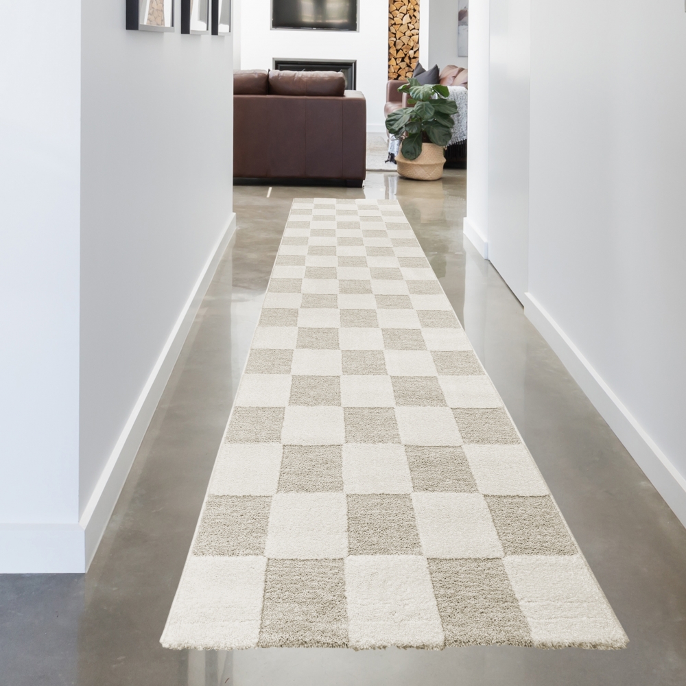 Wohnzimmerteppich im Karomuster flauschig robust in Creme Beige