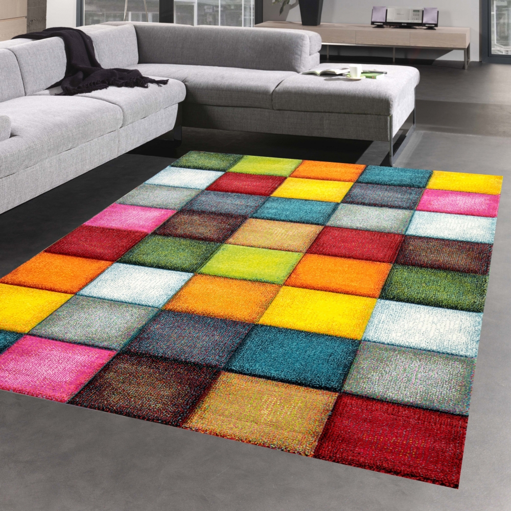 Teppich modern Teppich Wohnzimmer Karo bunt gelb rot blau grün