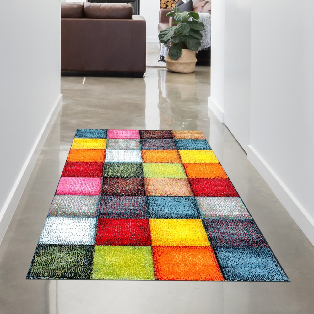 Teppich modern Teppich Wohnzimmer Karo bunt gelb rot blau grün