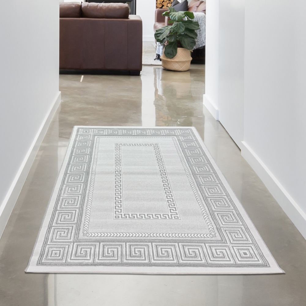 Teppich modern grau silber Bordüre Muster strapazierfähig elegant