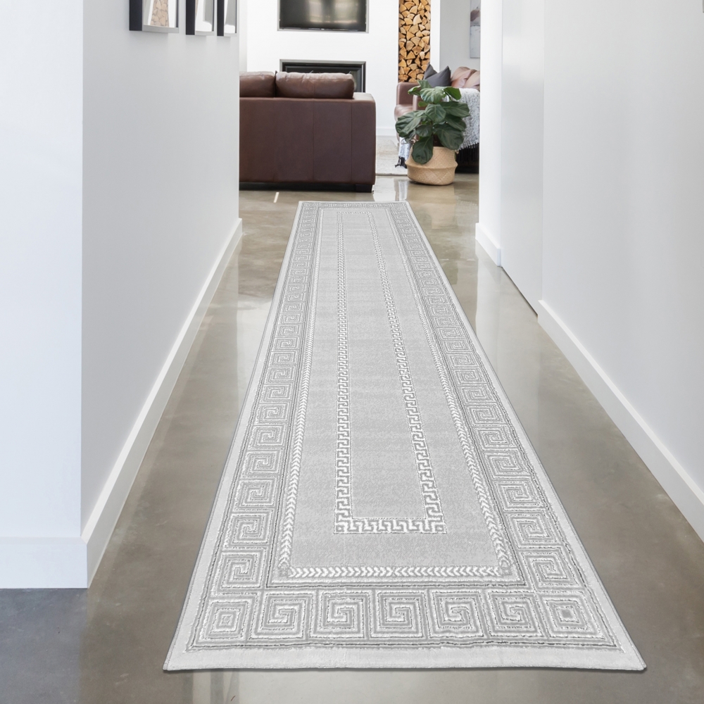 Teppich modern grau silber Bordüre Muster strapazierfähig elegant