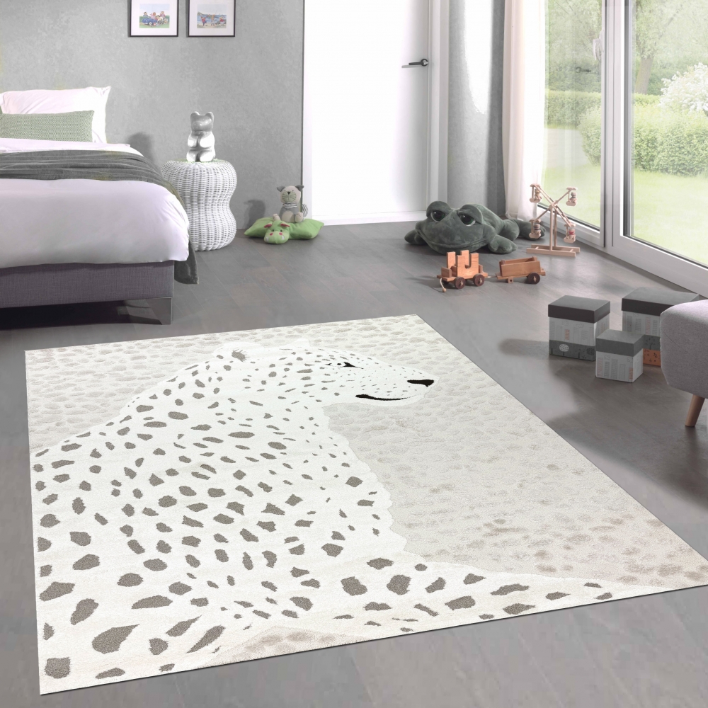 Kinderzimmer Teppich Weich Leopard 3D-Effekt allergikergeeignet in creme grau