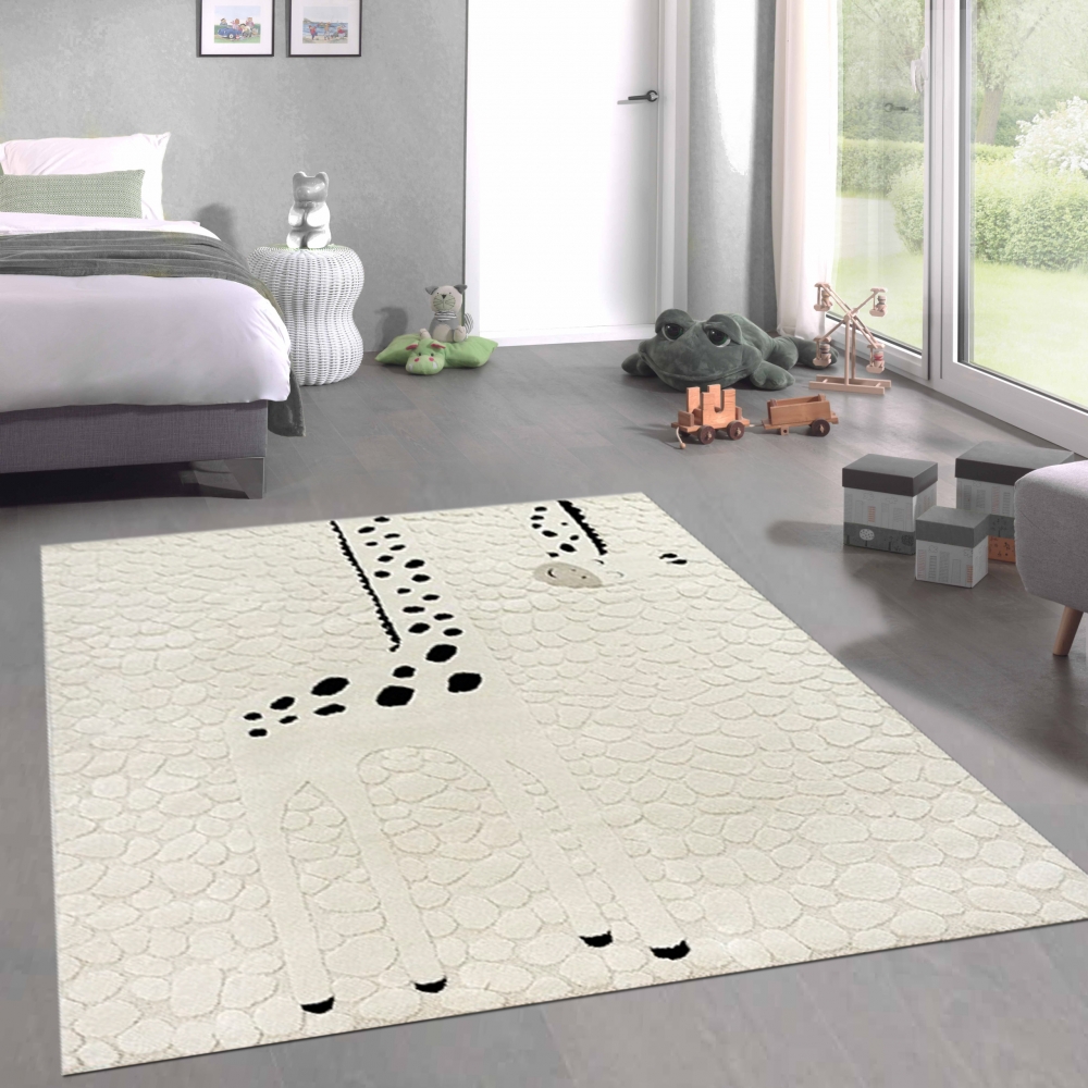 Kinderzimmer Teppich Spielzimmer glückliche Giraffe weich in beige creme schwarz